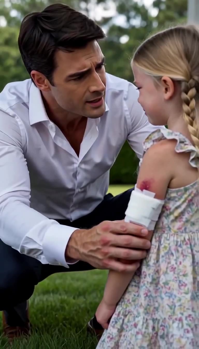 Damian kneels to comfort Isabella with bandaged bleeding arm