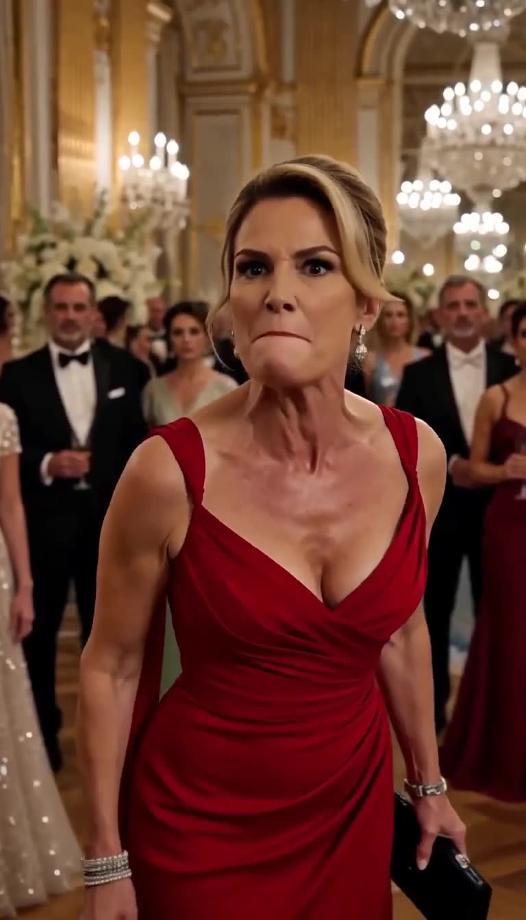 Furious woman in red gown stares in shock amid gala crowd