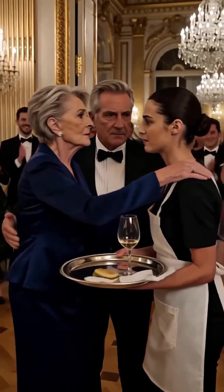 Elder couple protecting waitress in ballroom
