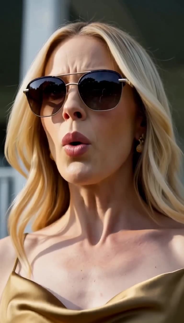 Vanessa in gold dress and sunglasses sneering arrogantly