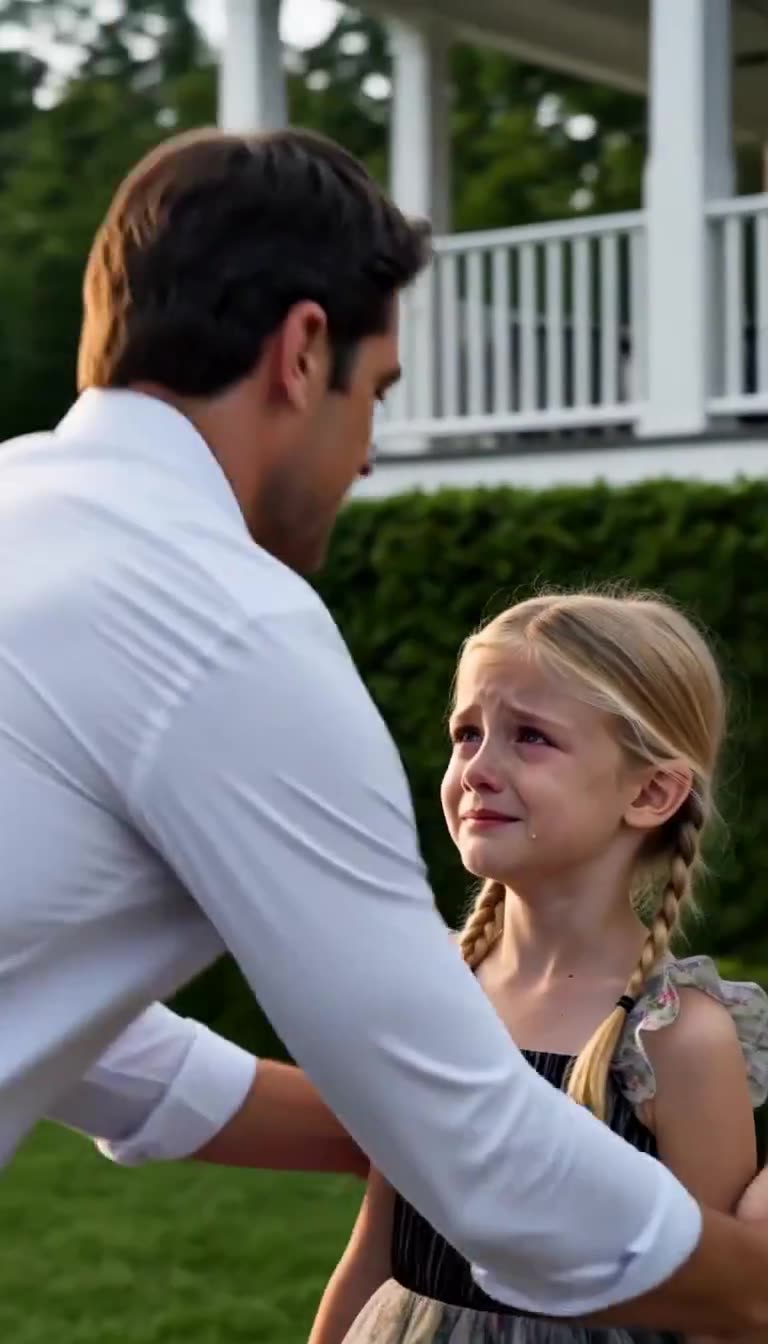 Damian kneeling face to face with tearful little Isabella