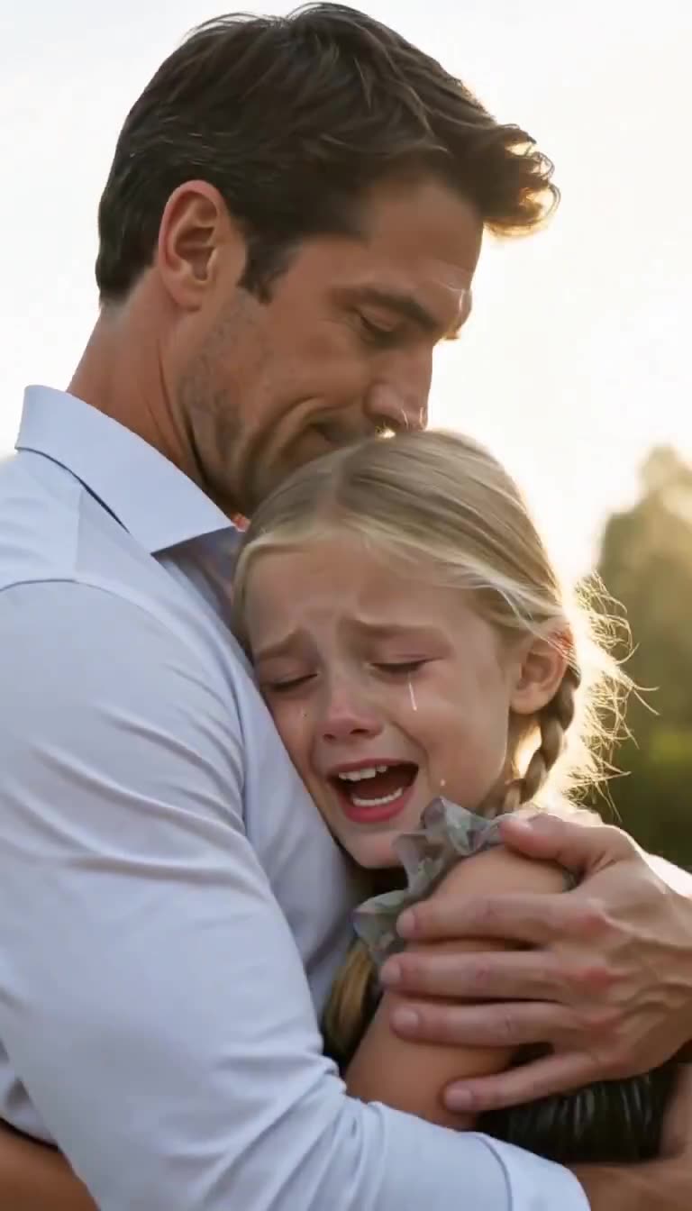 Damian holding sobbing Isabella tight in a sunlit embrace