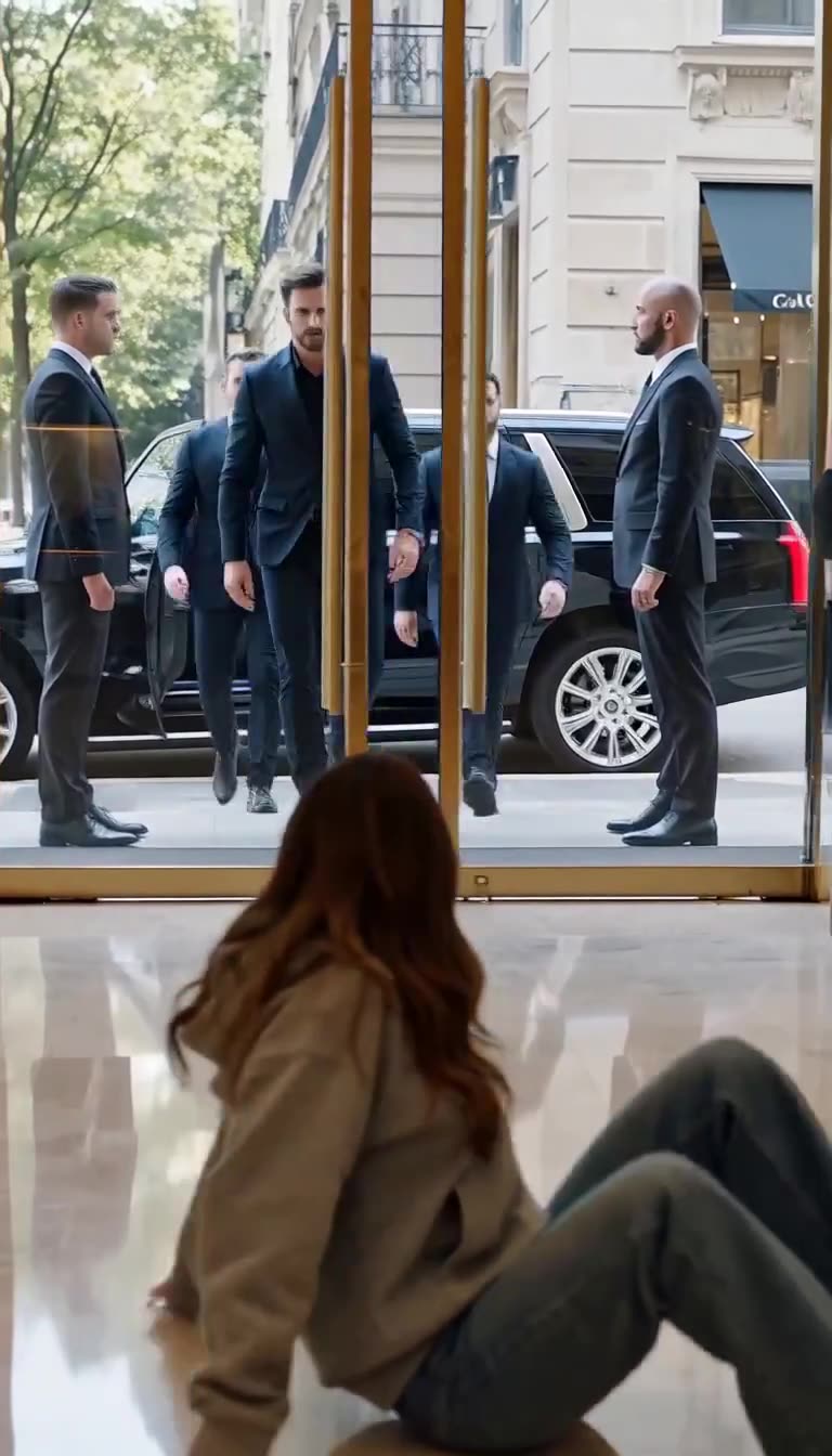 Young woman on marble floor as bodyguards exit black SUVs outside