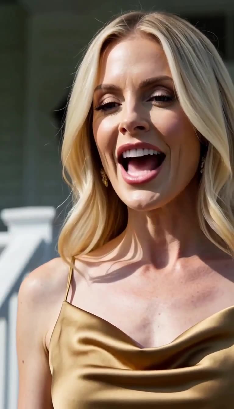 Shocked blonde in gold dress gasping in bright sunlight