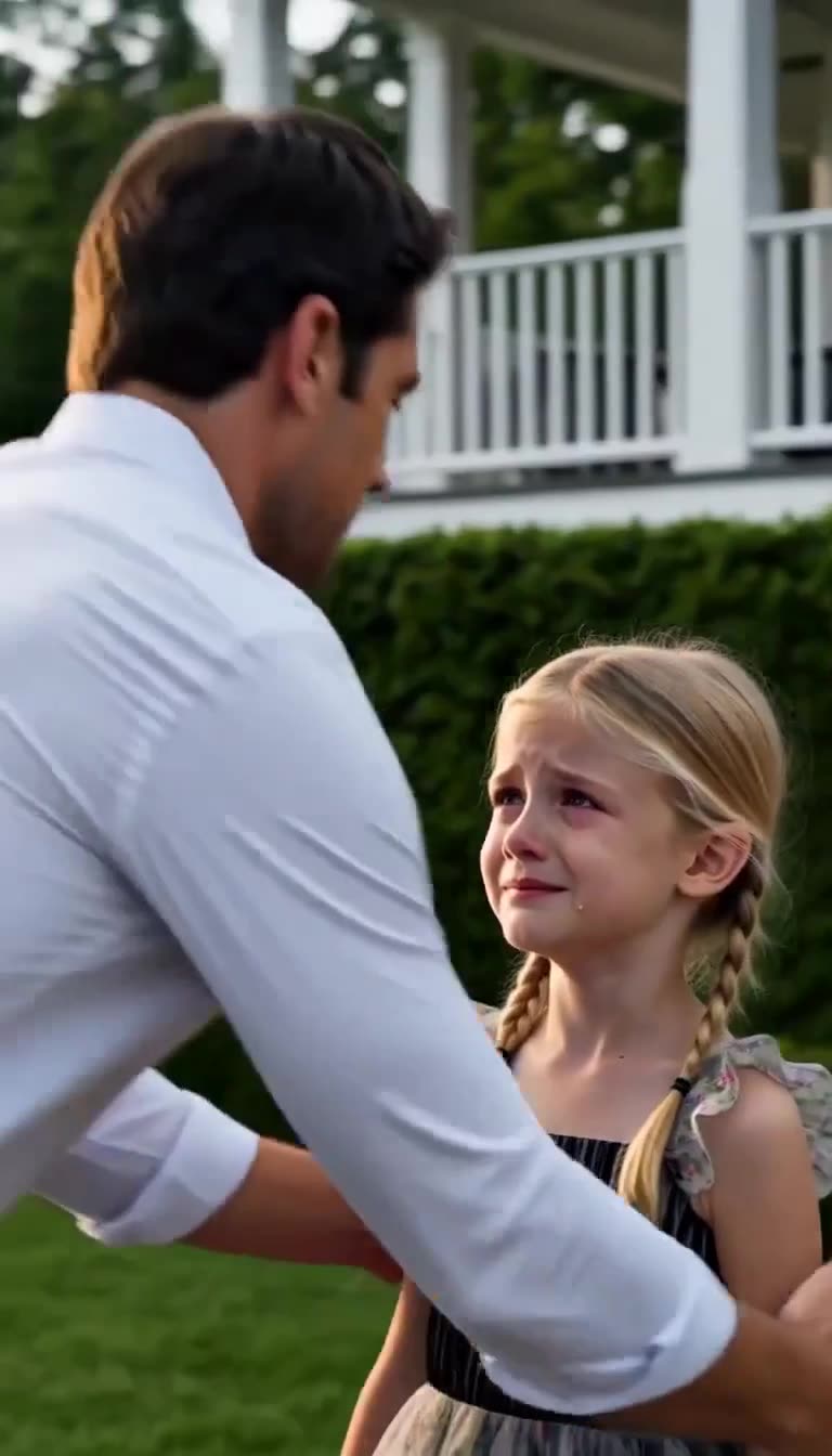 Man comforting crying little girl outdoors