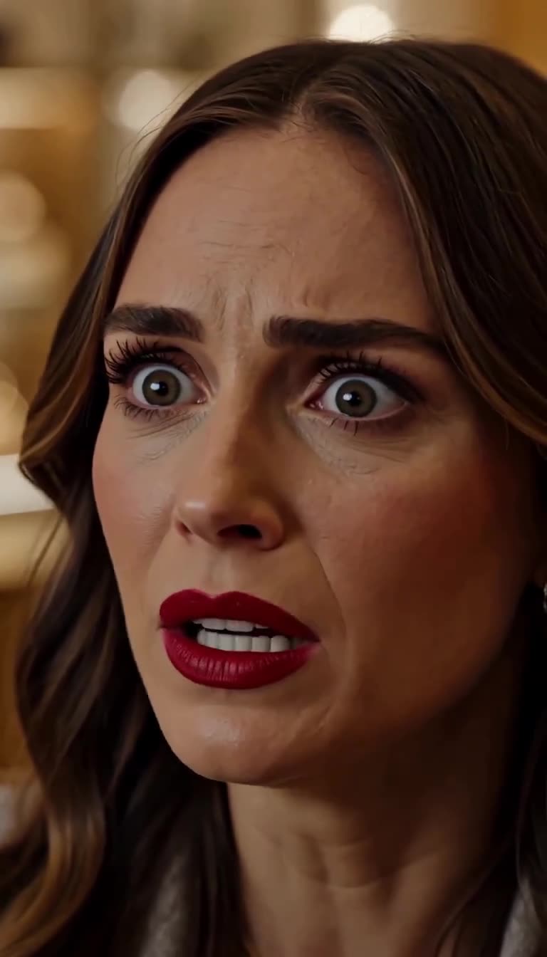 Devon shocked with wide eyes and red lipstick