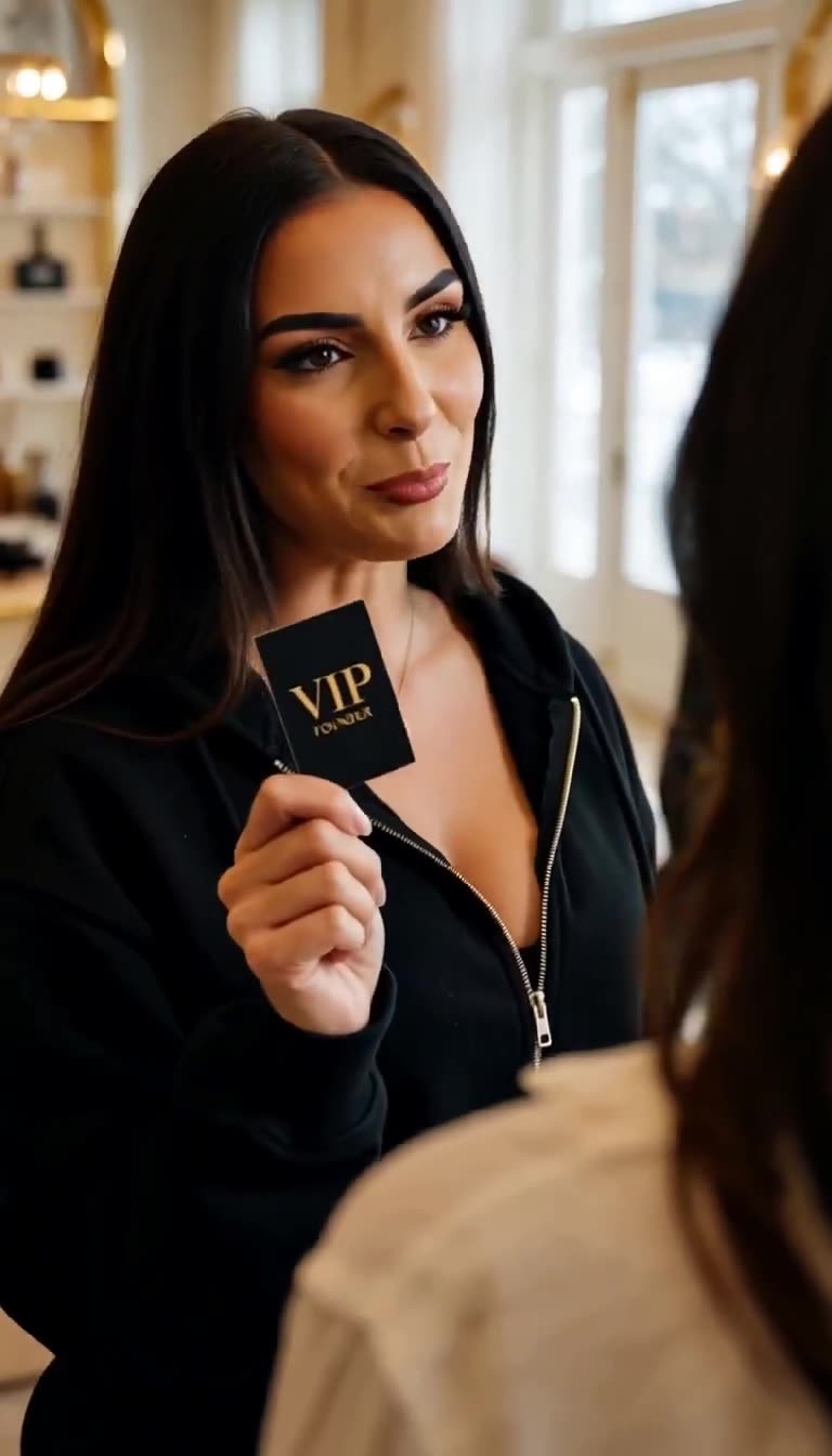 Mia holds up black VIP Founder card with calm smile