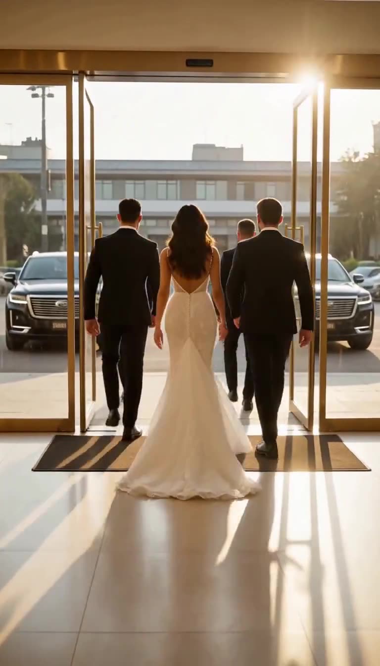 Woman in white gown escorted by bodyguards toward black SUVs