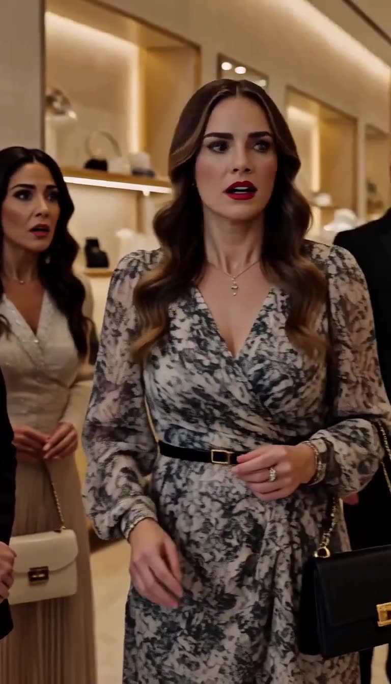 Shocked woman in floral dress standing in luxury boutique