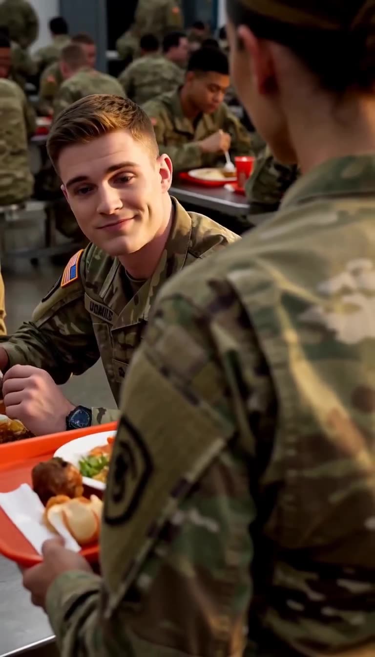 Young soldier smirking at commander from dining table