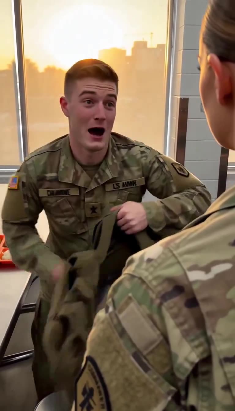 Terrified young soldier grabbing backpack to apologize