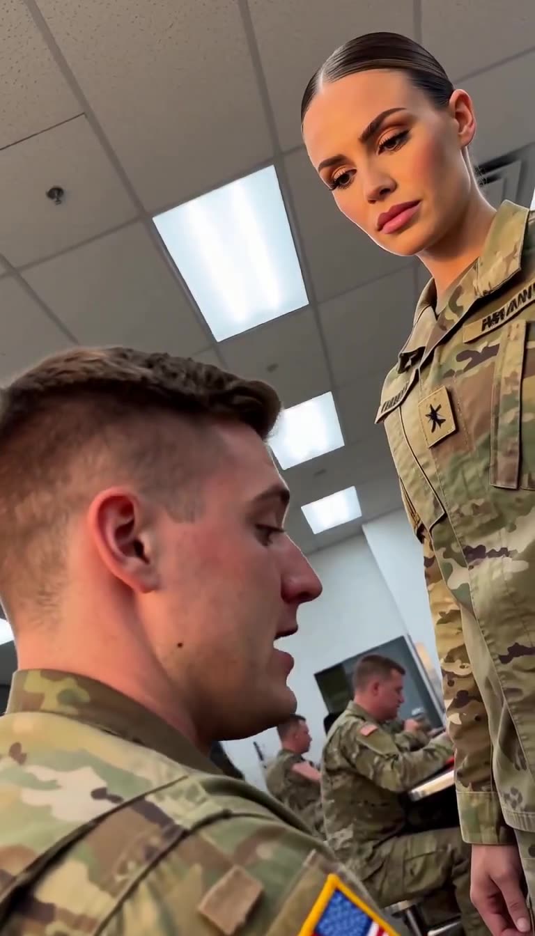 Female commander towering over humbled soldier in mess hall