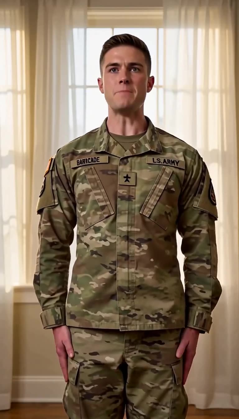 Private Lucas snapping to rigid attention in camouflage