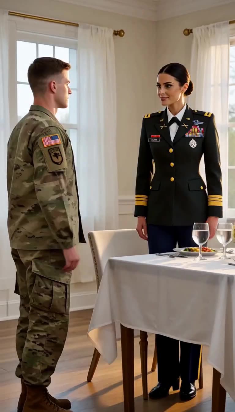 Eva and Lucas stand tense on opposite sides of set dining table
