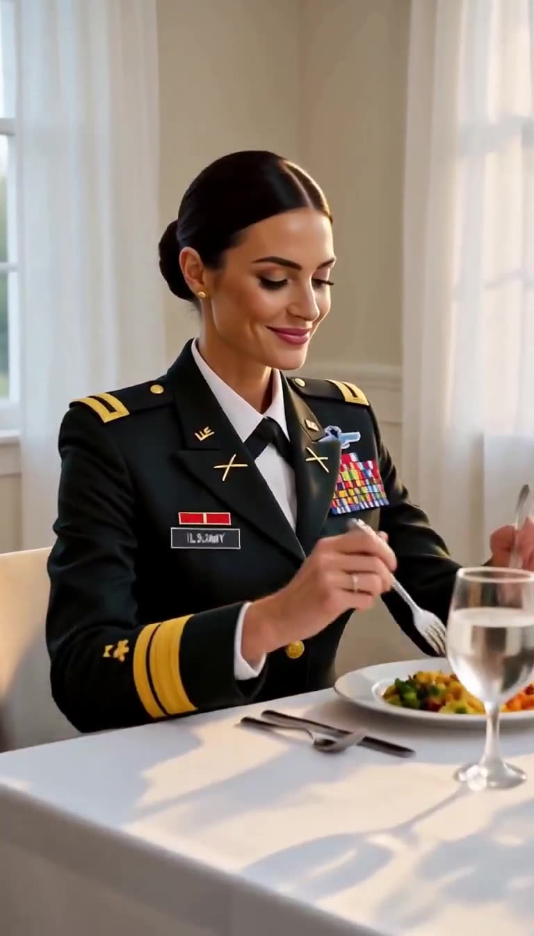 Eva sits gracefully to eat with confident smile after discipline