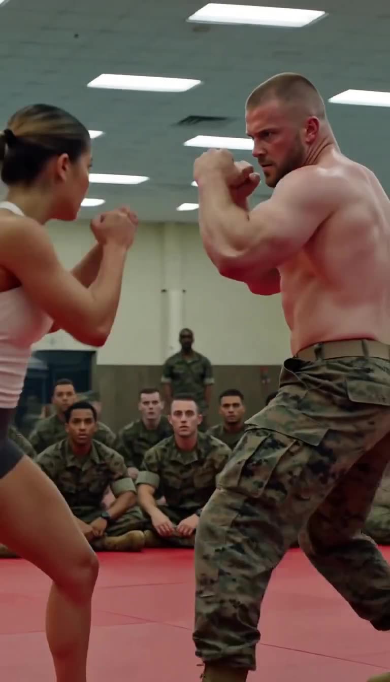 Instructor and recruit face off in combat stances before soldiers
