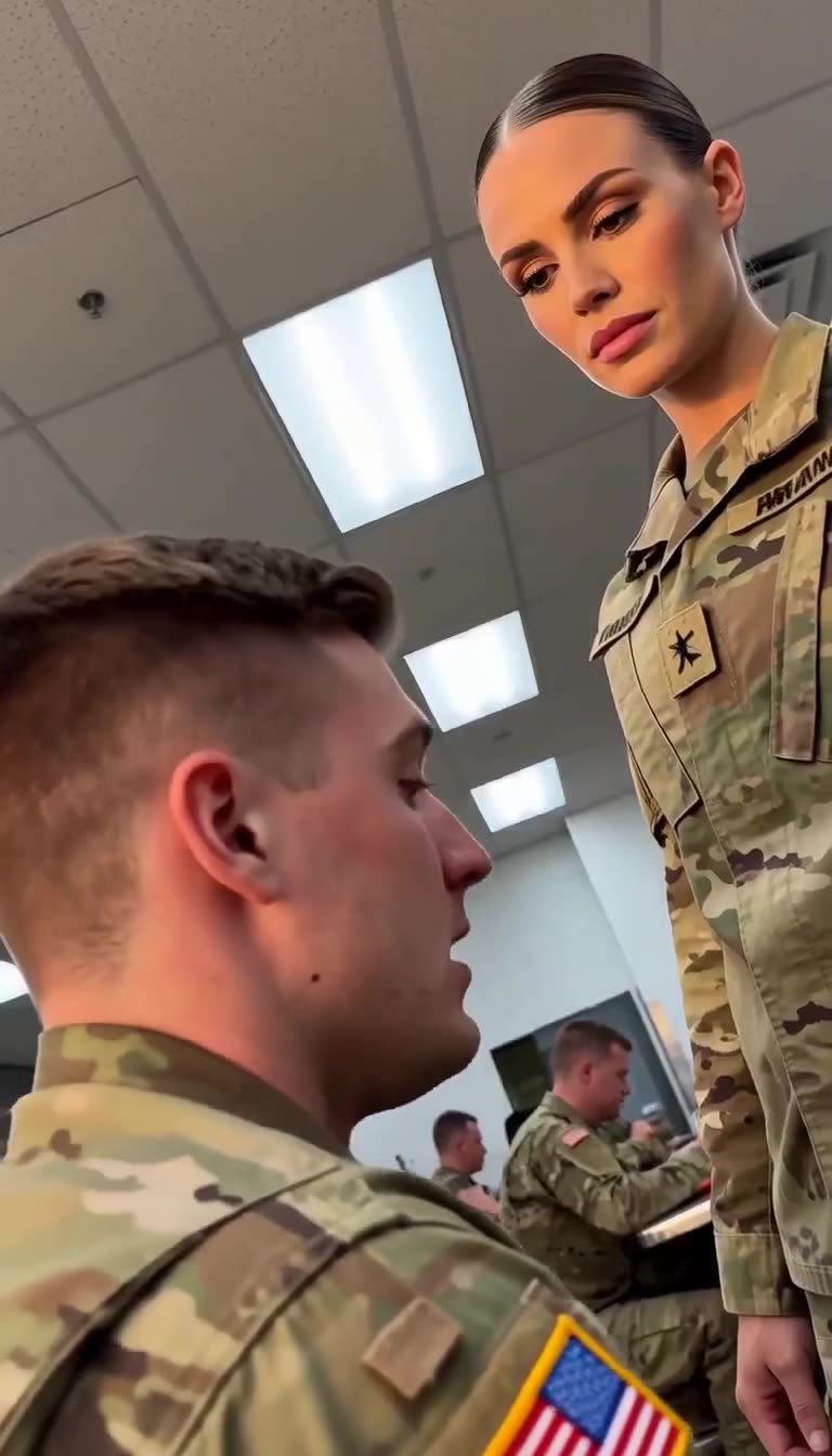 Female general towering over shocked seated private