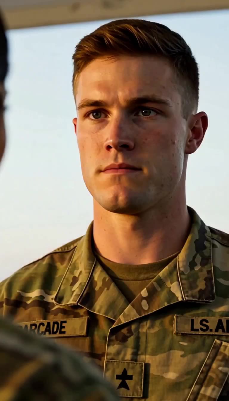 Closeup of defiant soldier staring intensely outdoors