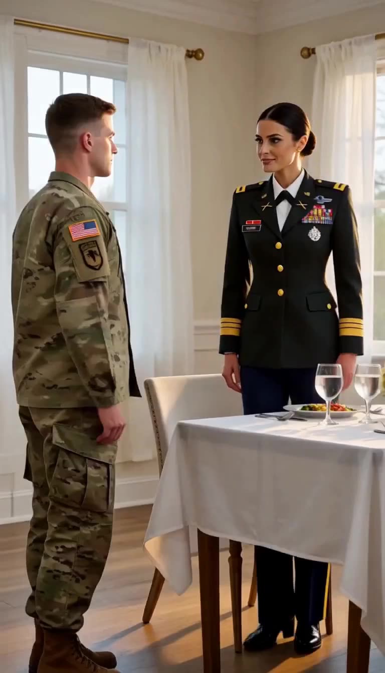 Soldier facing decorated female commander by dining table