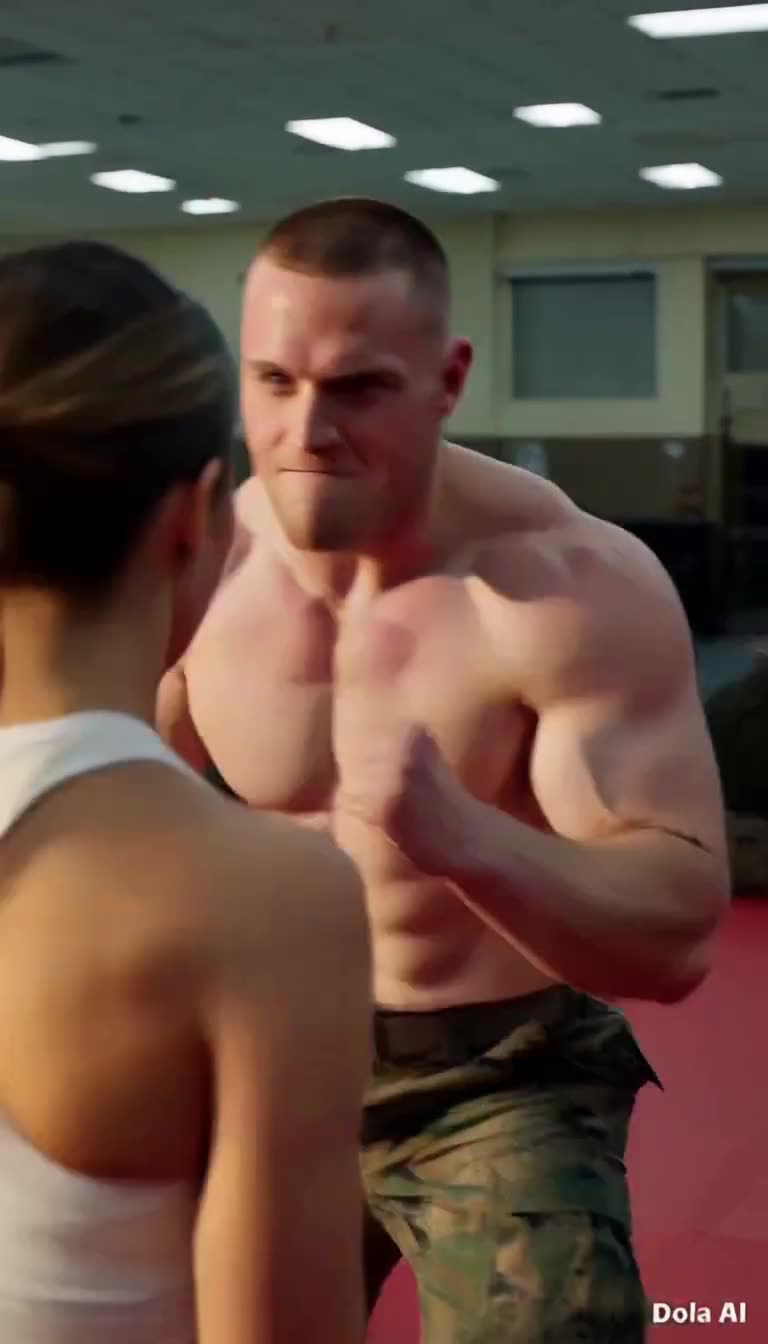 Instructor charging with raised fist at recruit