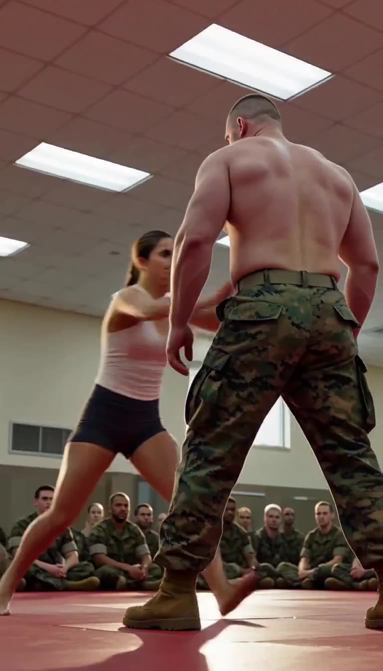 Elena facing Sergeant Miller on red mat before recruits