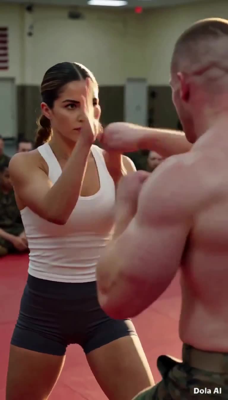 Woman calmly blocks soldier punch during training bout