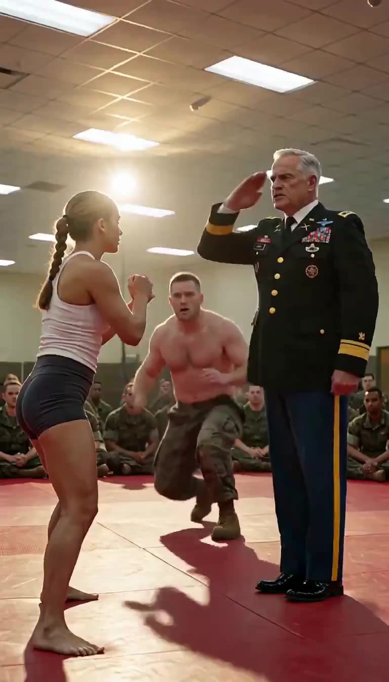 General steps between fighters to salute woman