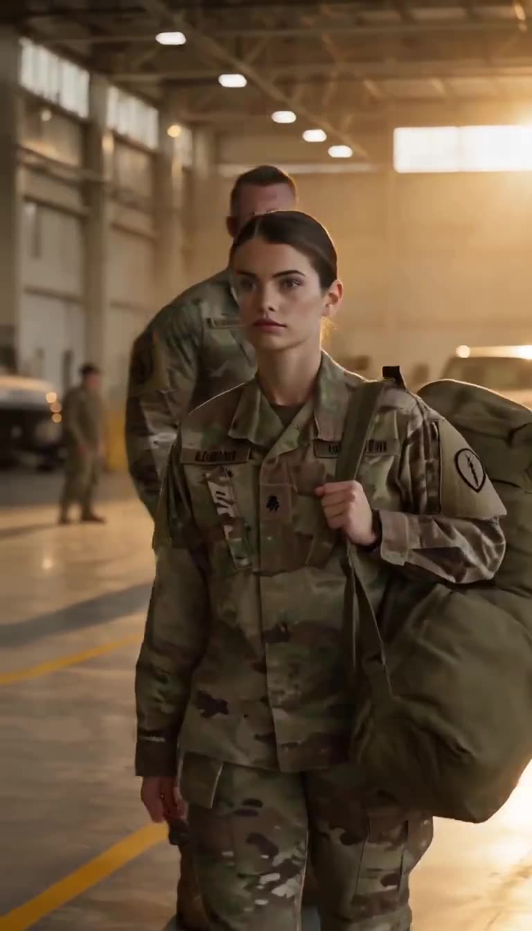 Close tracking shot of determined female soldier carrying duffel bag