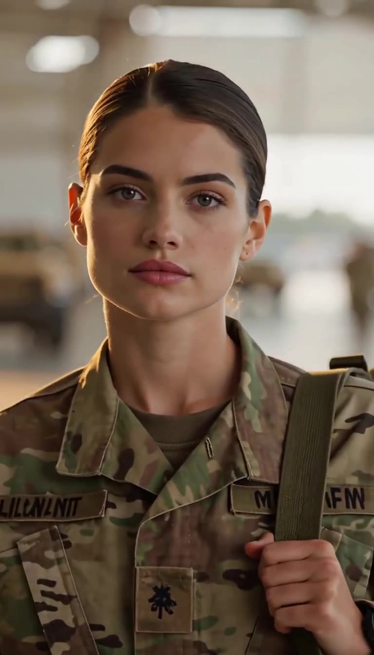 Intense close-up of female soldier's fearless stare in uniform