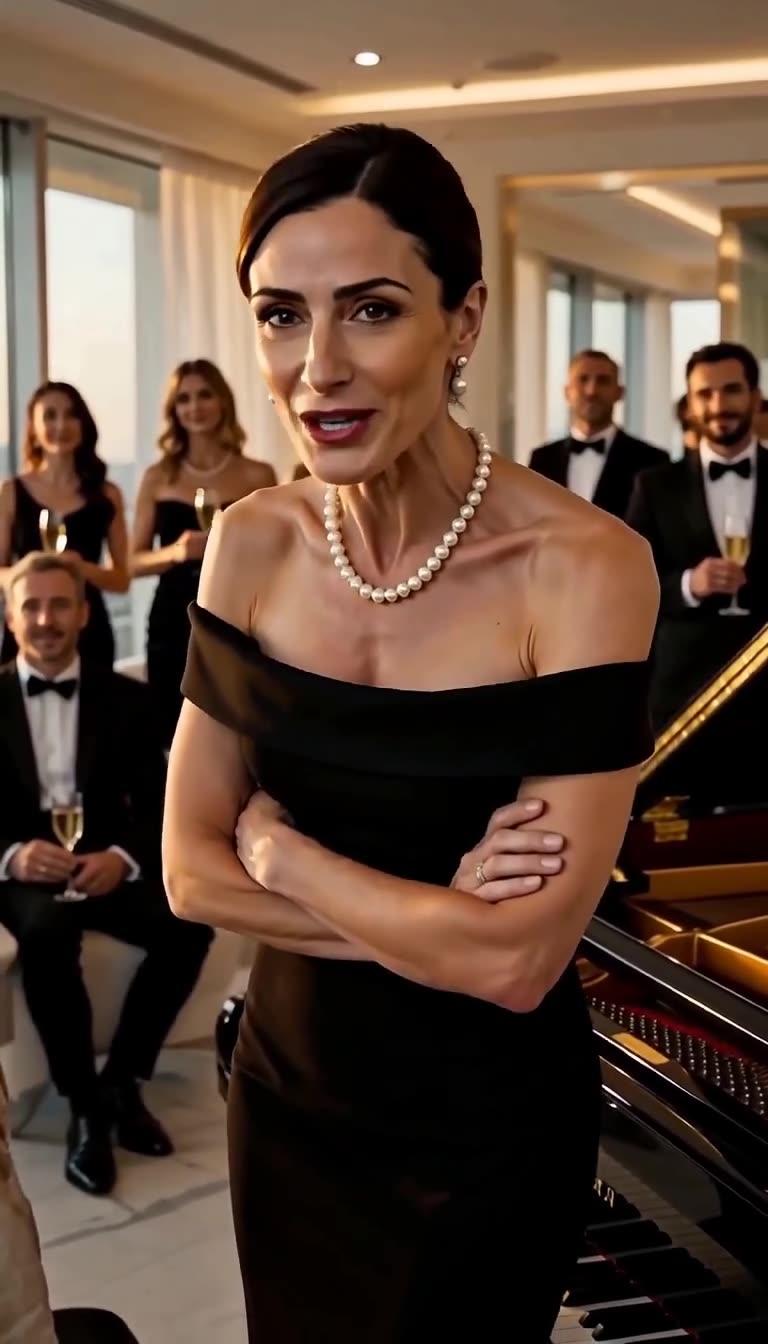 Céleste provocante lançant son défi à cinquante mille euros près du piano