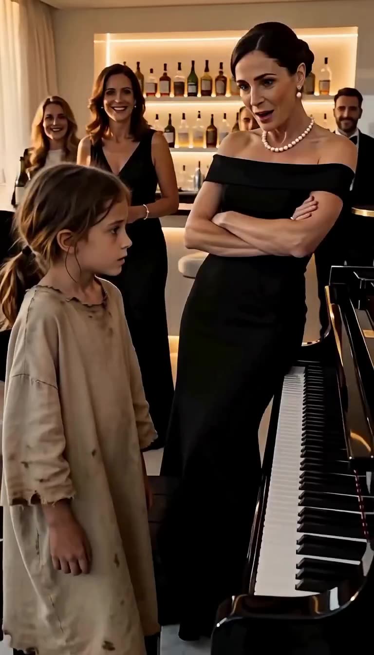 Fillette en haillons défiant la femme en robe noire près du piano