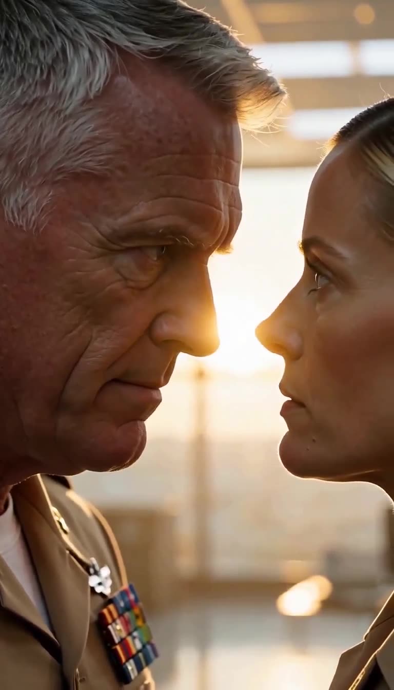 Marcus and Sarah engage in an intense face-to-face standoff under golden sunset light.