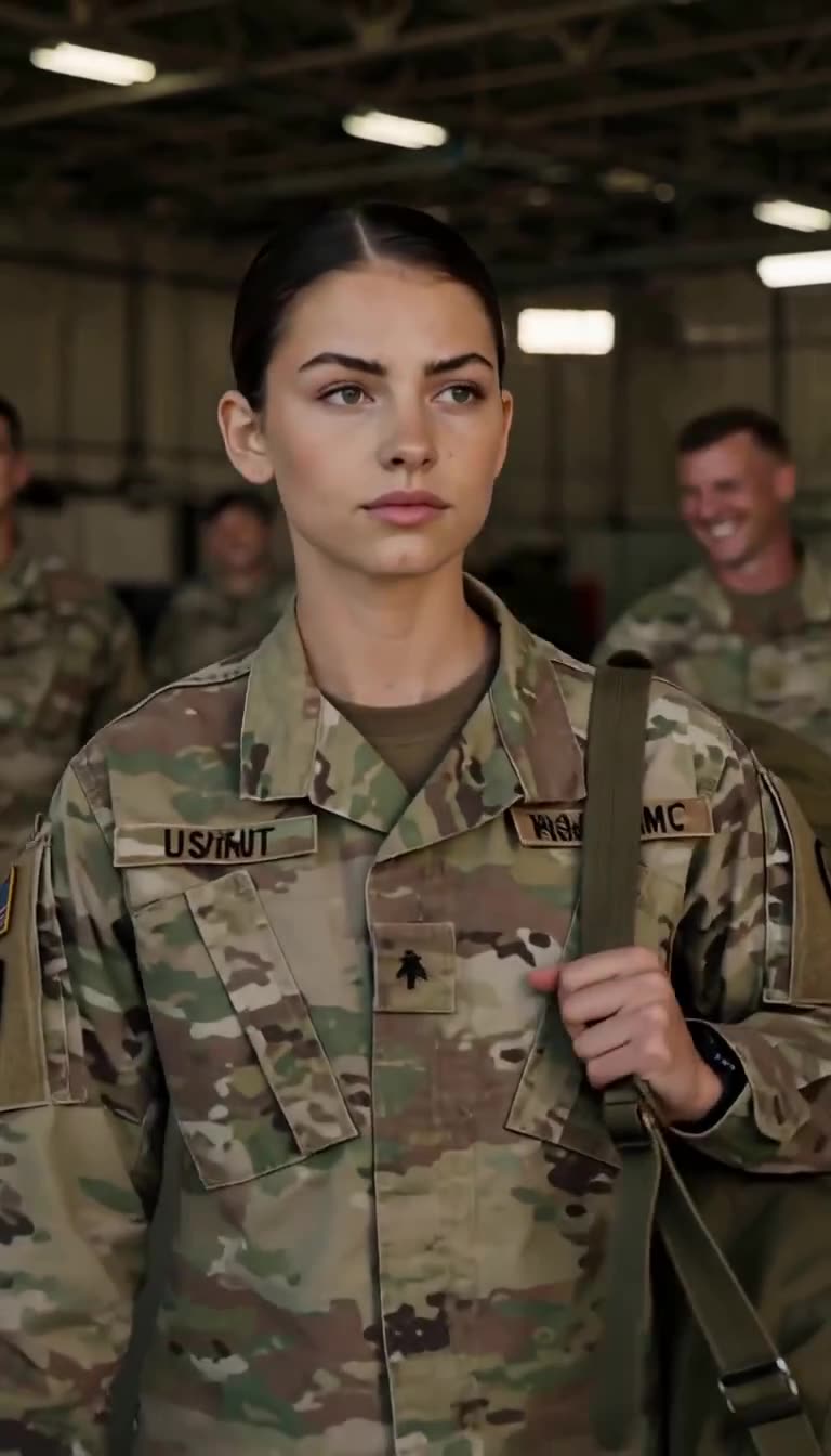 Specialist Sarah Martinez stands calm and collected under the depot lights while fellow soldiers look on.