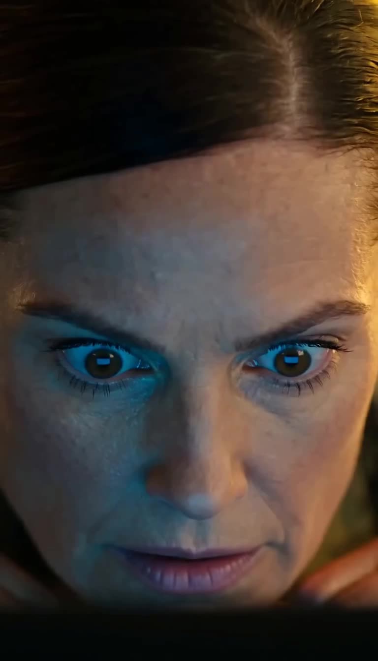 Close-up of Officer Clokk's widened eyes illuminated by the screen's blue glow