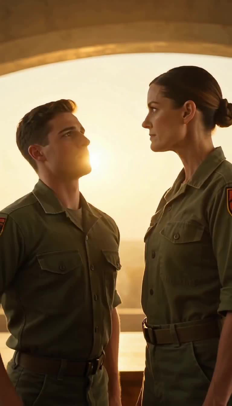 Sergeant Thompson standing tense opposite Officer Clokk against sunset light