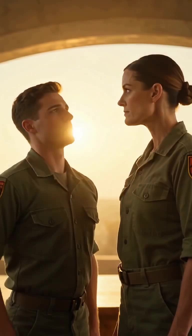 Two military personnel facing each other against a warm sunset horizon