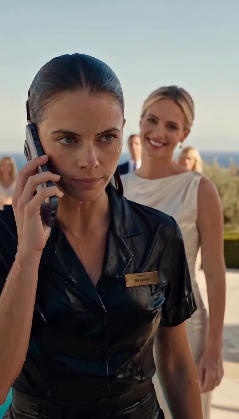 La serveuse au téléphone, l'aristocrate sourit en arrière-plan