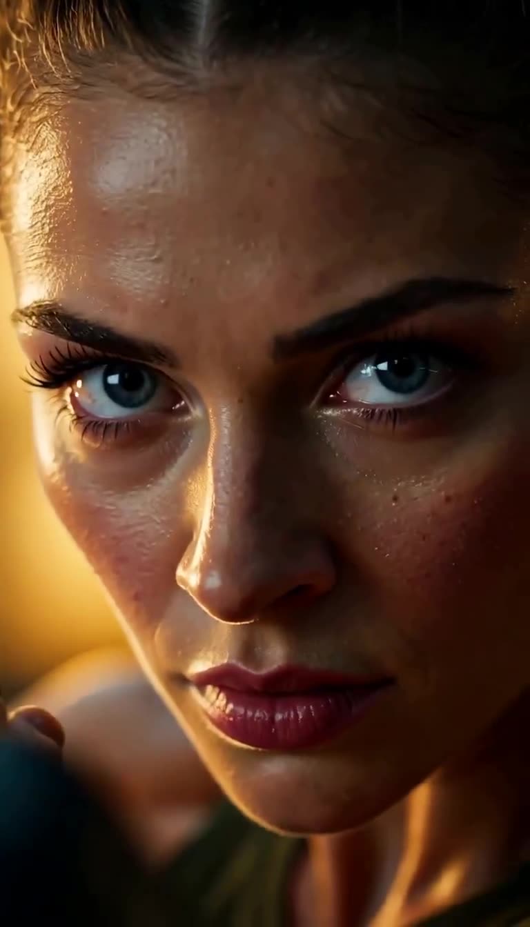 Extreme close-up of female recruit's intense blue eyes and focused expression
