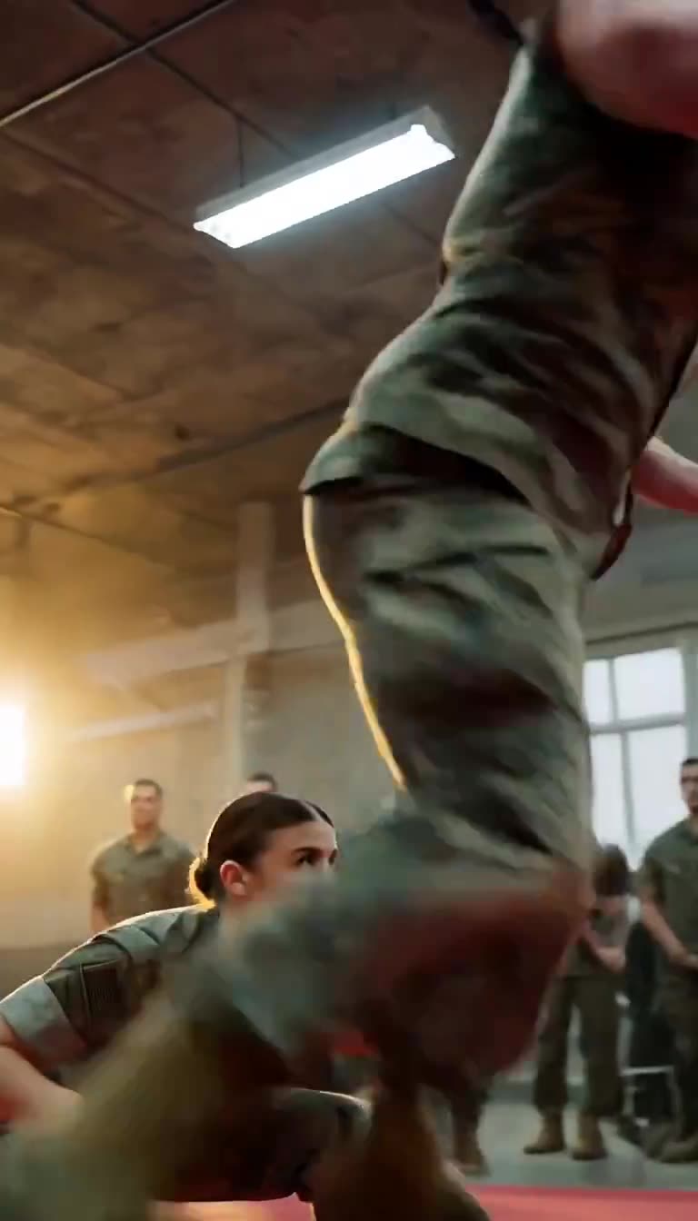 Claire smoothly crouches beneath Brock's airborne spinning kick during combat drills.