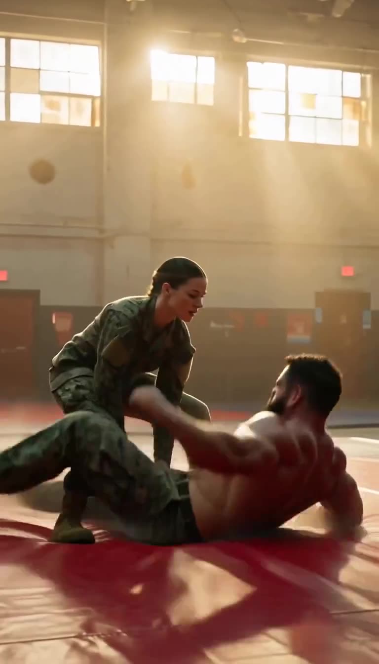 Brock crashes onto the red combat mat as Claire executes a sweeping takedown