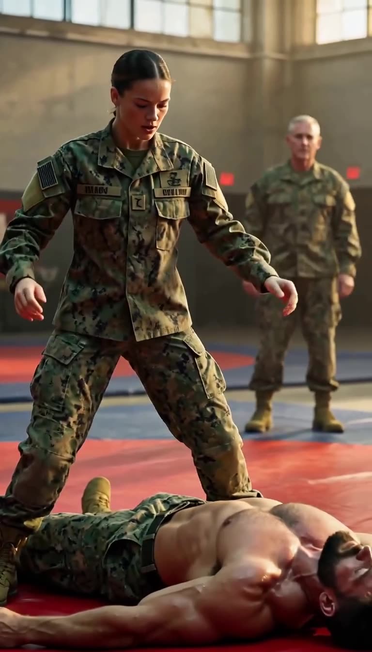Claire stands victorious over the downed soldier as the commander observes in the background