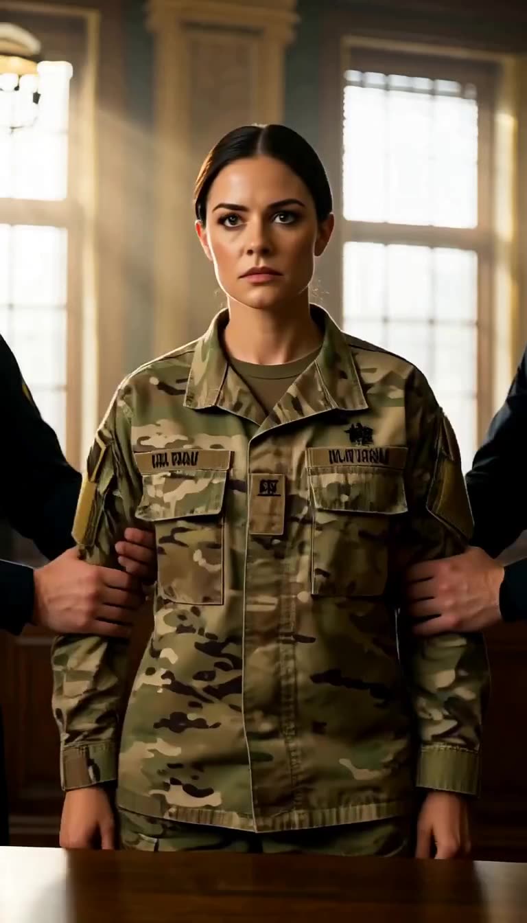 Captain Miller standing firm in military fatigues while being restrained by guards.
