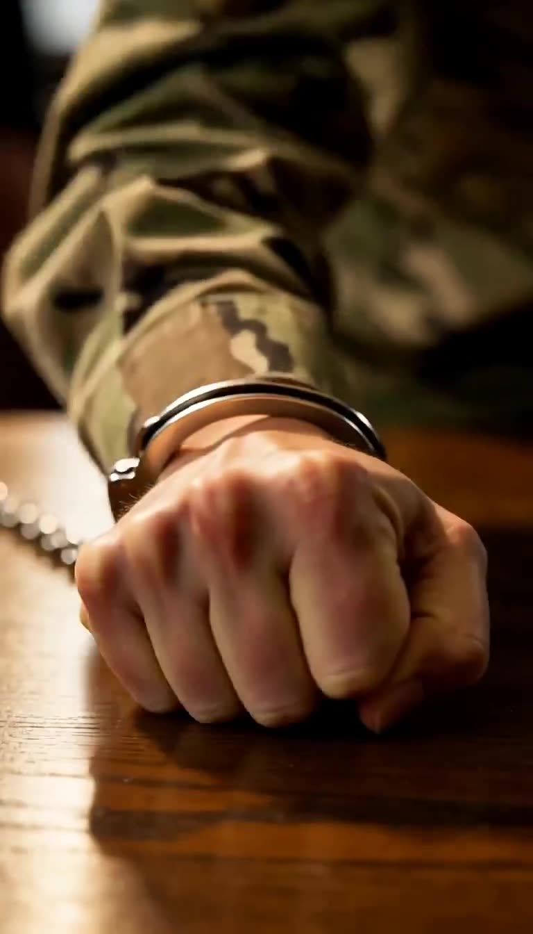 A close-up shot of a handcuffed fist slammed forcefully onto a polished wooden table.