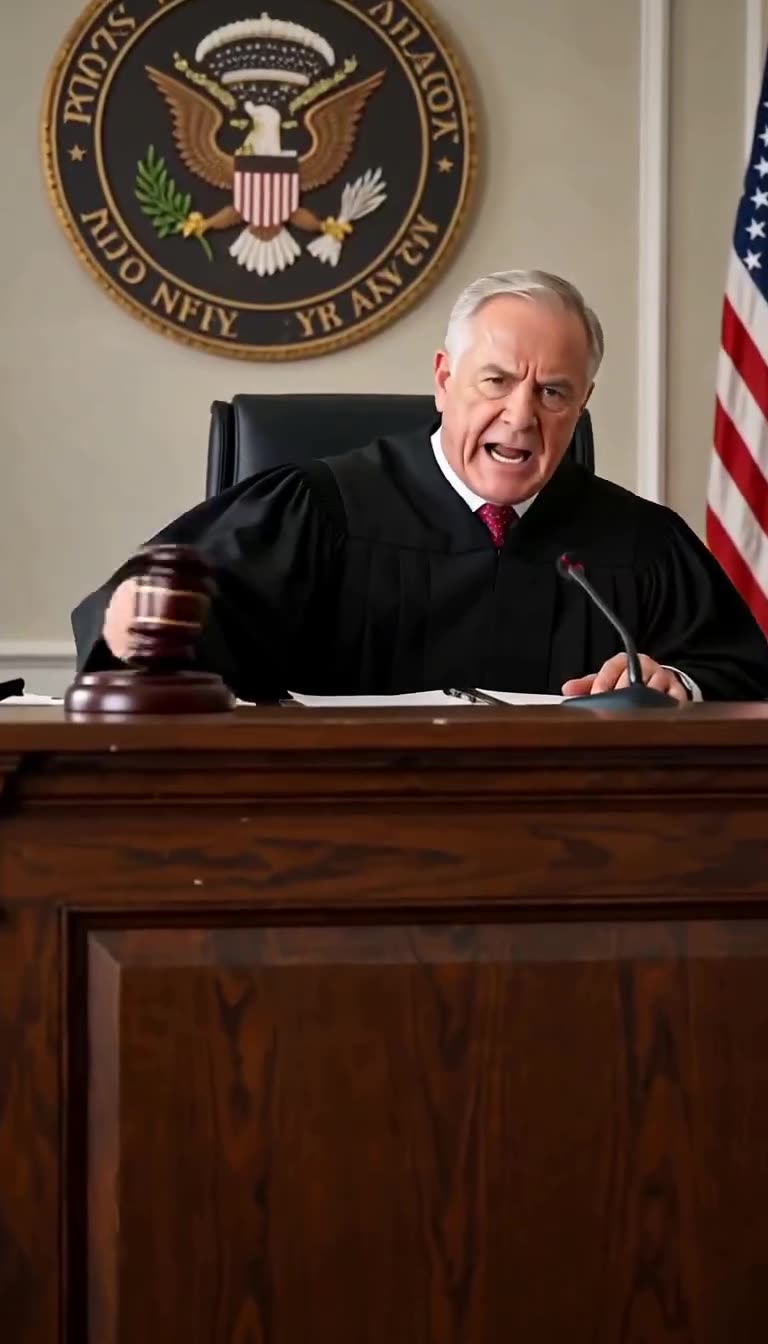 The presiding judge slamming his gavel angrily and shouting an order from the bench