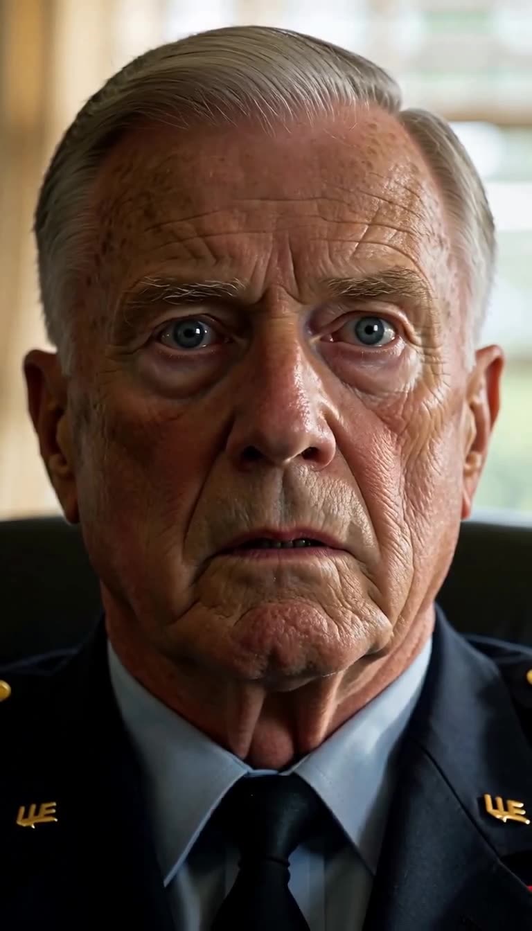 Dramatic portrait of the senior military general in shock during the hearing