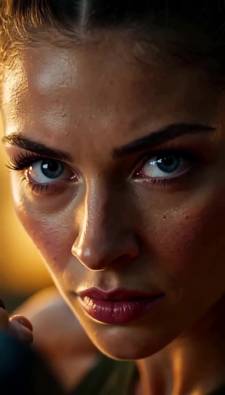 Close-up of Sergeant Claire Morgan's intense, focused gaze covered in sweat.