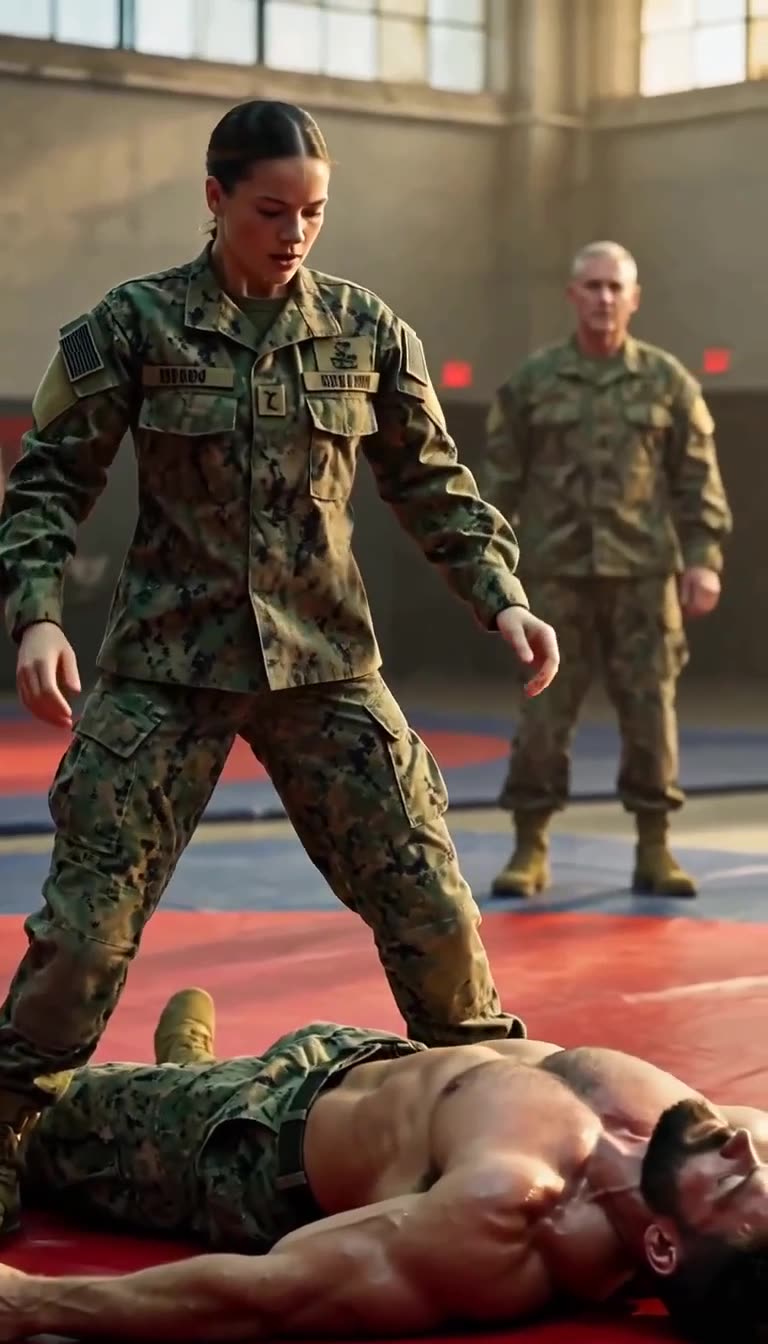 Sergeant Claire Morgan standing victorious over a defeated opponent on the sparring mat.