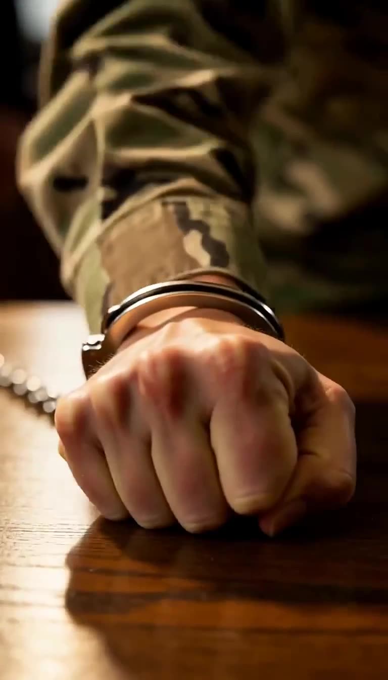 The captain's handcuffed fist resting firmly on the wooden courtroom table.