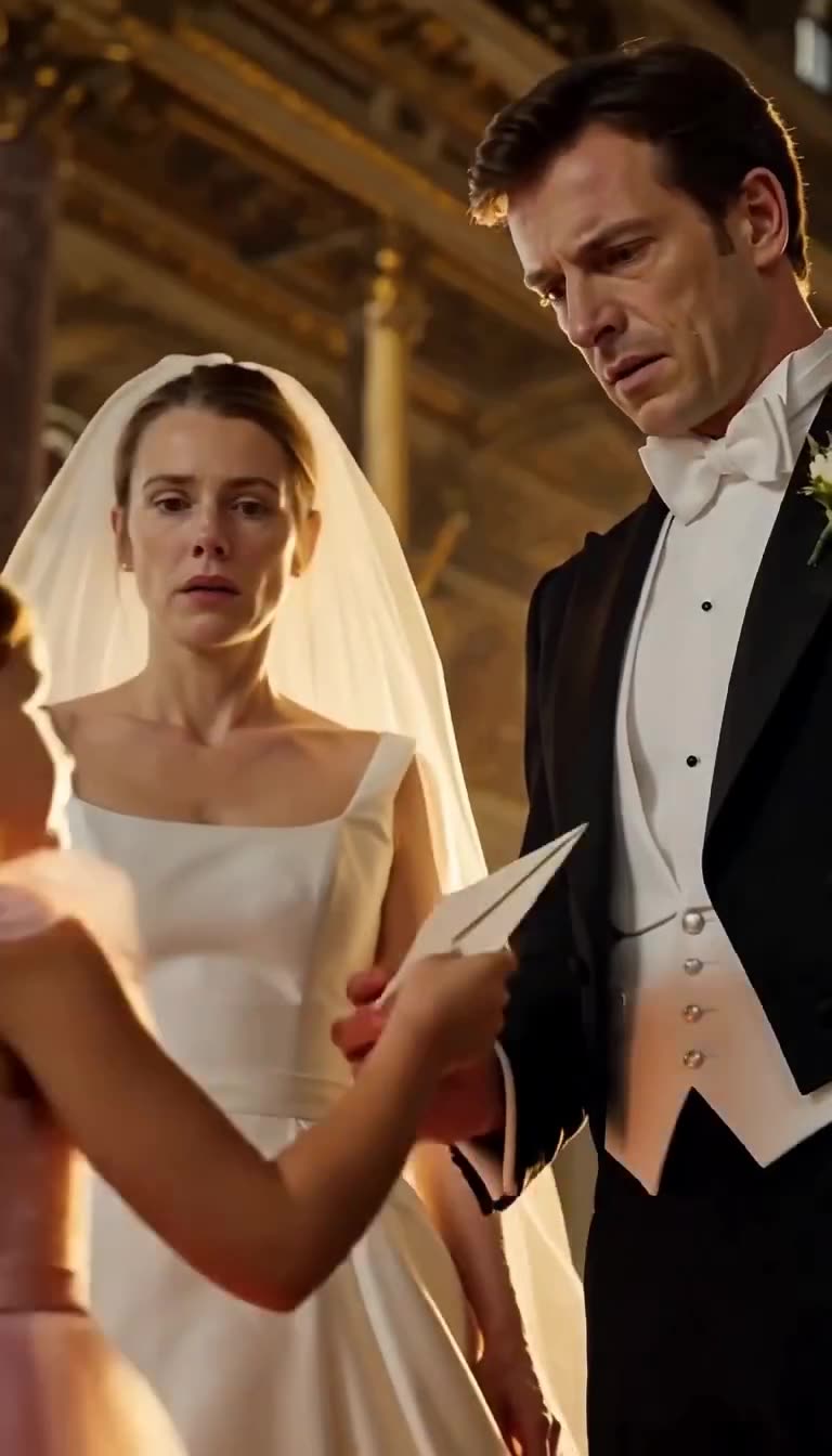 La mariée et le marié stupéfaits découvrent l'enveloppe blanche tendue par l'enfant à l'autel