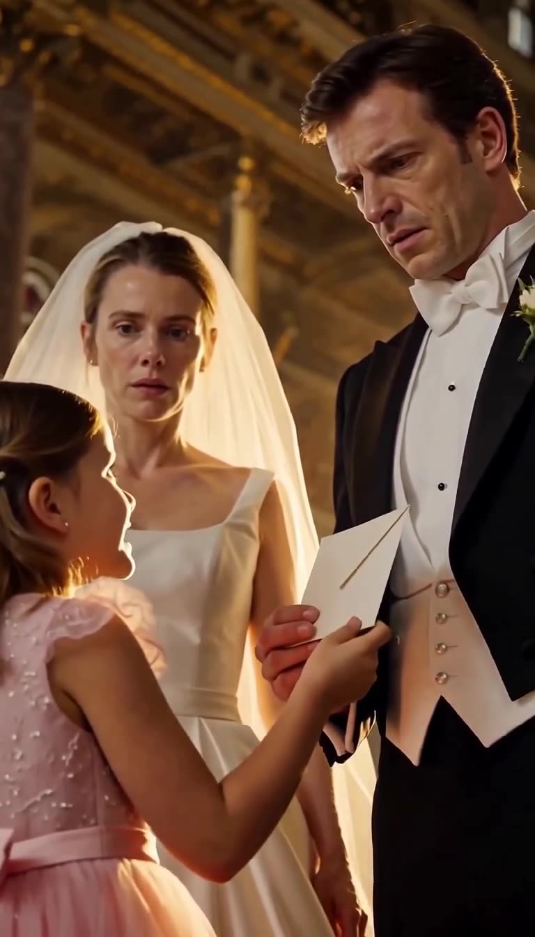 Gros plan sur la fillette remettant la lettre décisive au marié sous le regard inquiet de la mariée